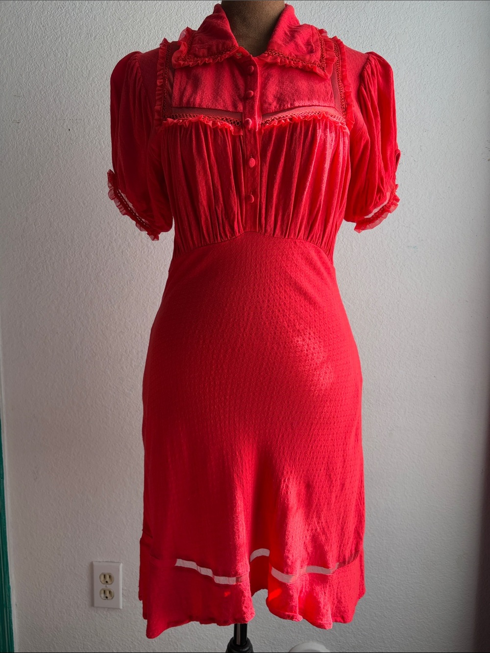 Gorgeous Free People Mini Dress Red Sz XS Puff Sleeve Ruffle-Trim Tule Detail